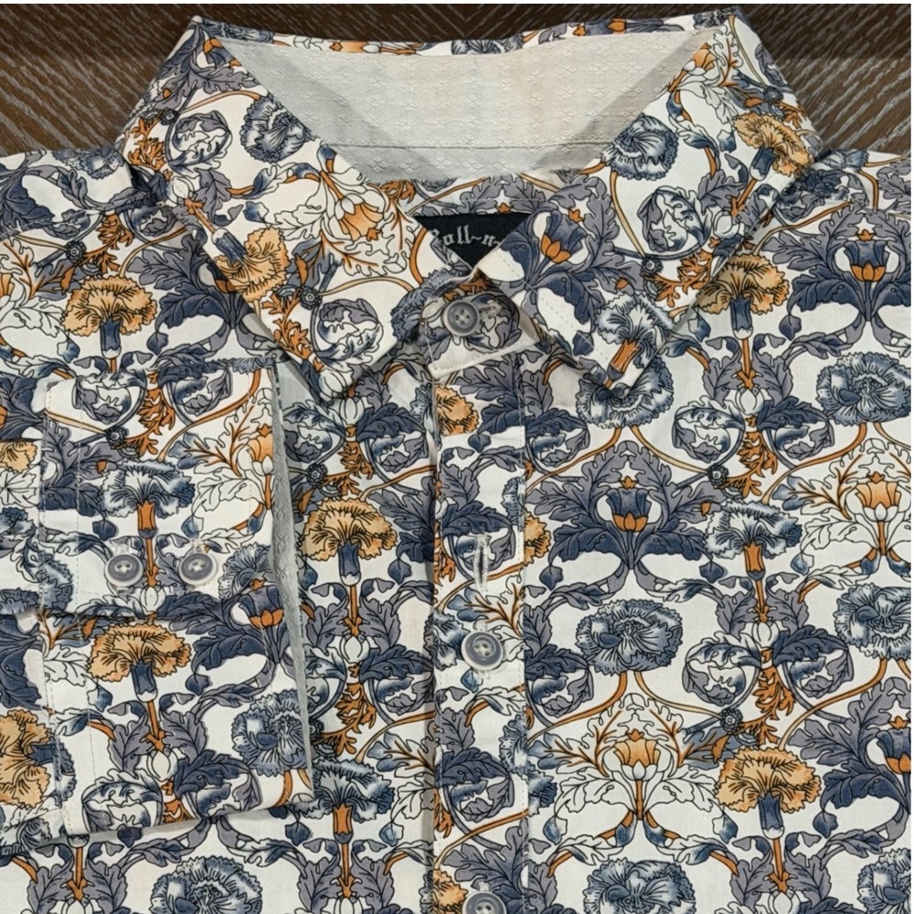 Rock Roll-n-Soul Floral Damask Cotton Button Down Shirt Blue Orange 2XL
